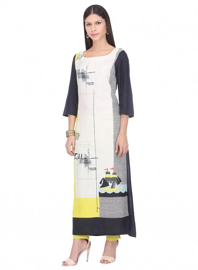 Black Printed 3/4 Sleeve kurta - wforwoman