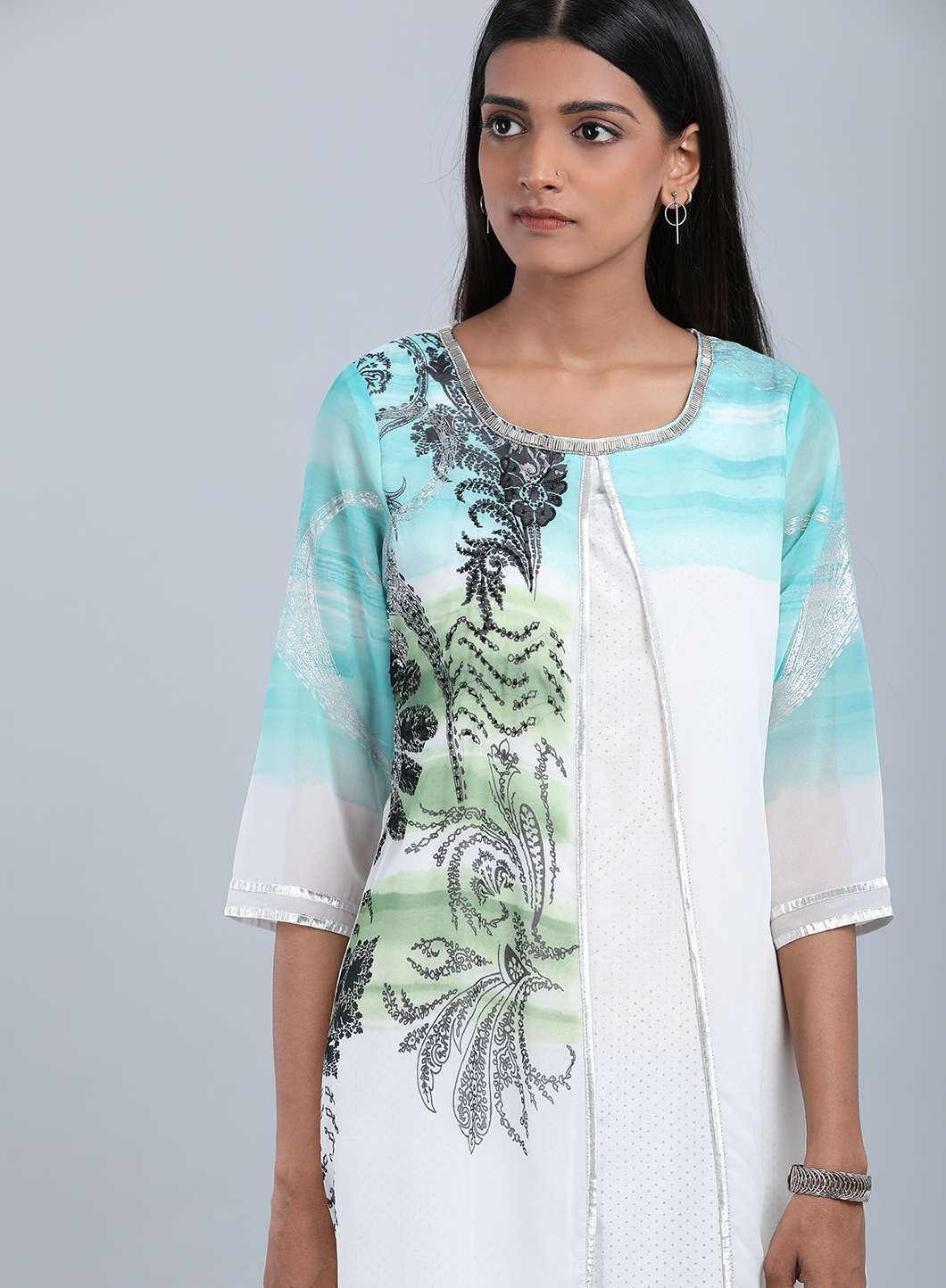Blue & White Round Neck Printed kurta