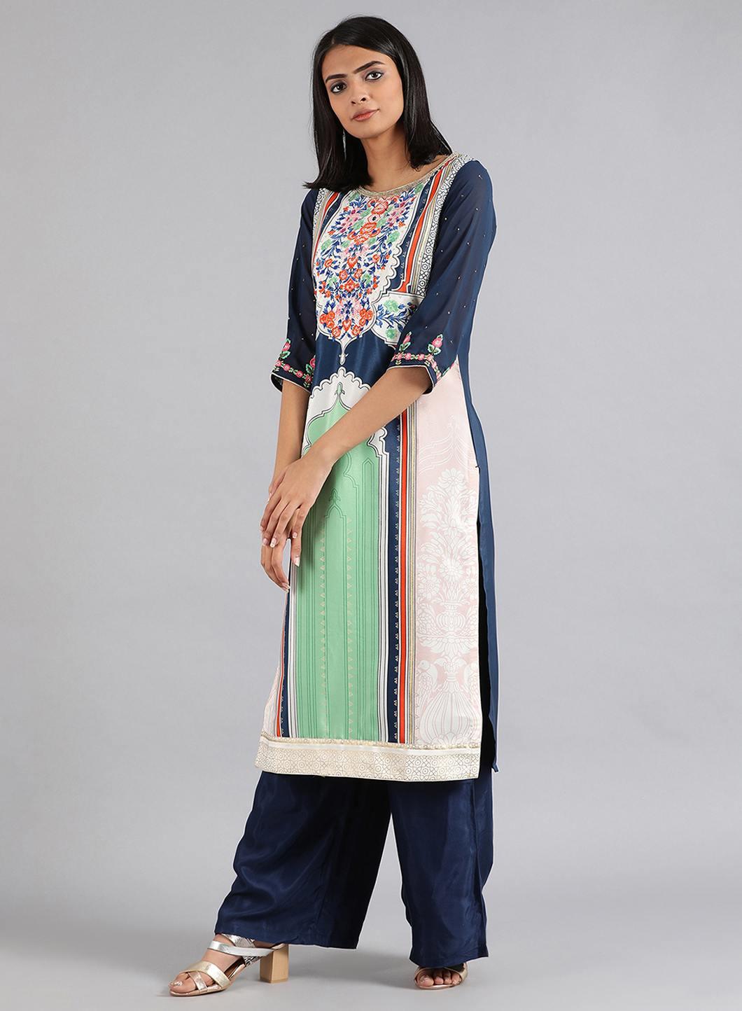 Blue & Green Round Neck Printed kurta - wforwoman