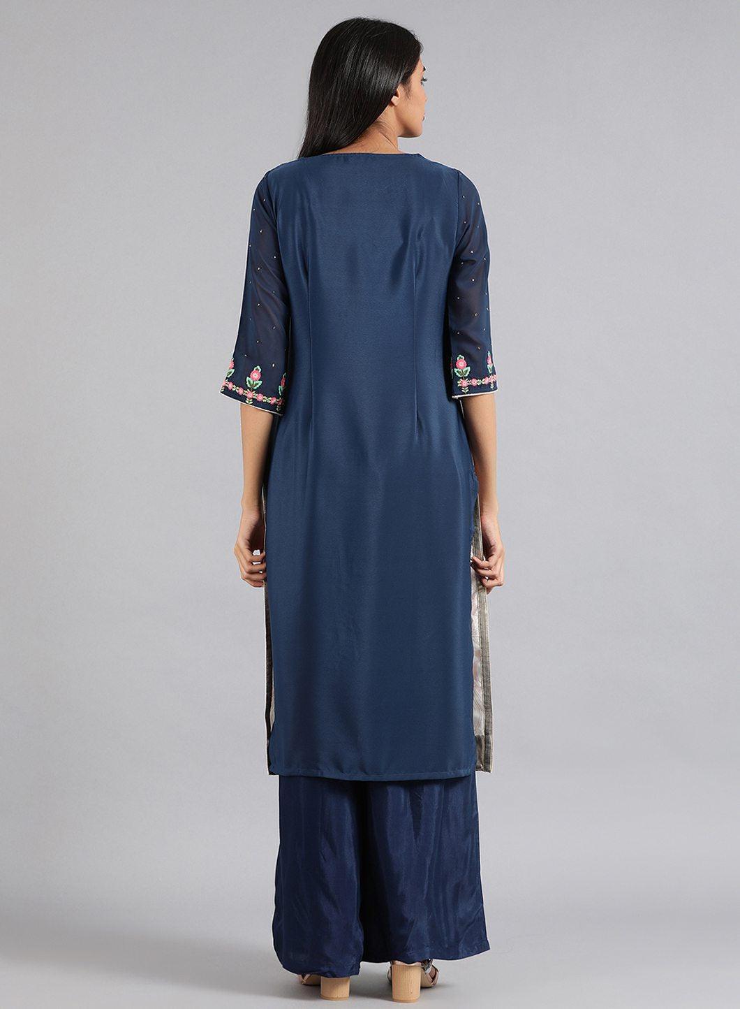 Blue & Green Round Neck Printed kurta - wforwoman