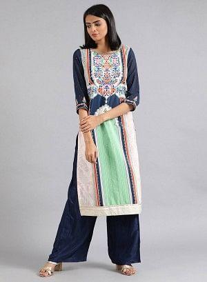 Blue & Green Round Neck Printed kurta - wforwoman