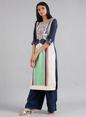 Blue & Green Round Neck Printed kurta - wforwoman