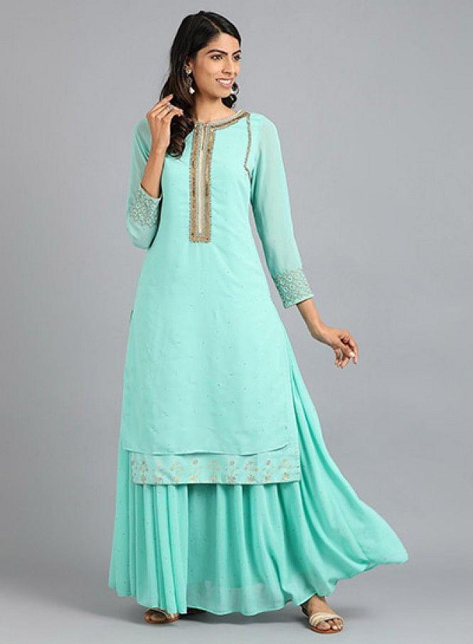 Light Blue Round Neck Solid kurta - wforwoman