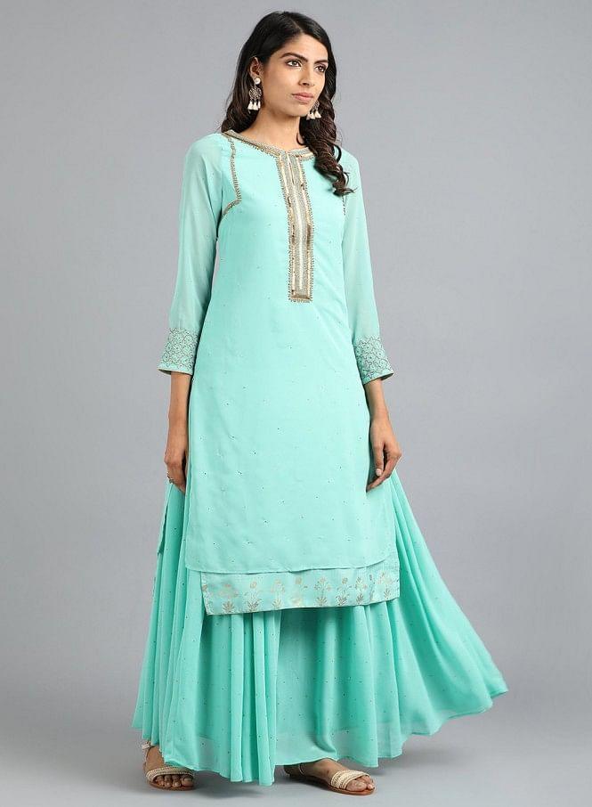 Light Blue Round Neck Solid kurta - wforwoman