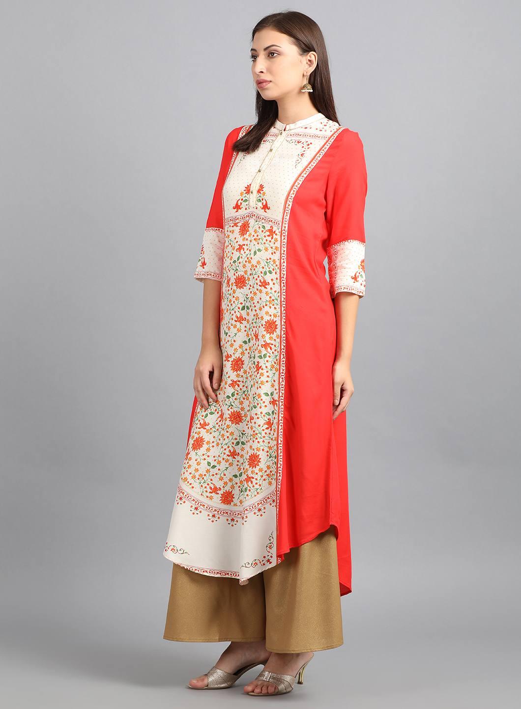 Red Mandarin Neck Floral Print kurta - wforwoman