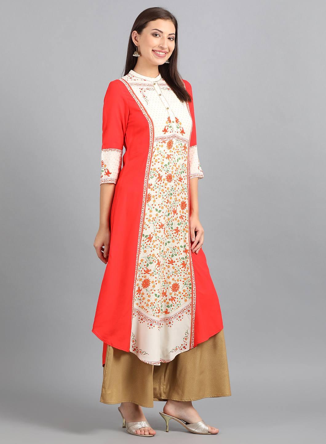 Red Mandarin Neck Floral Print kurta - wforwoman