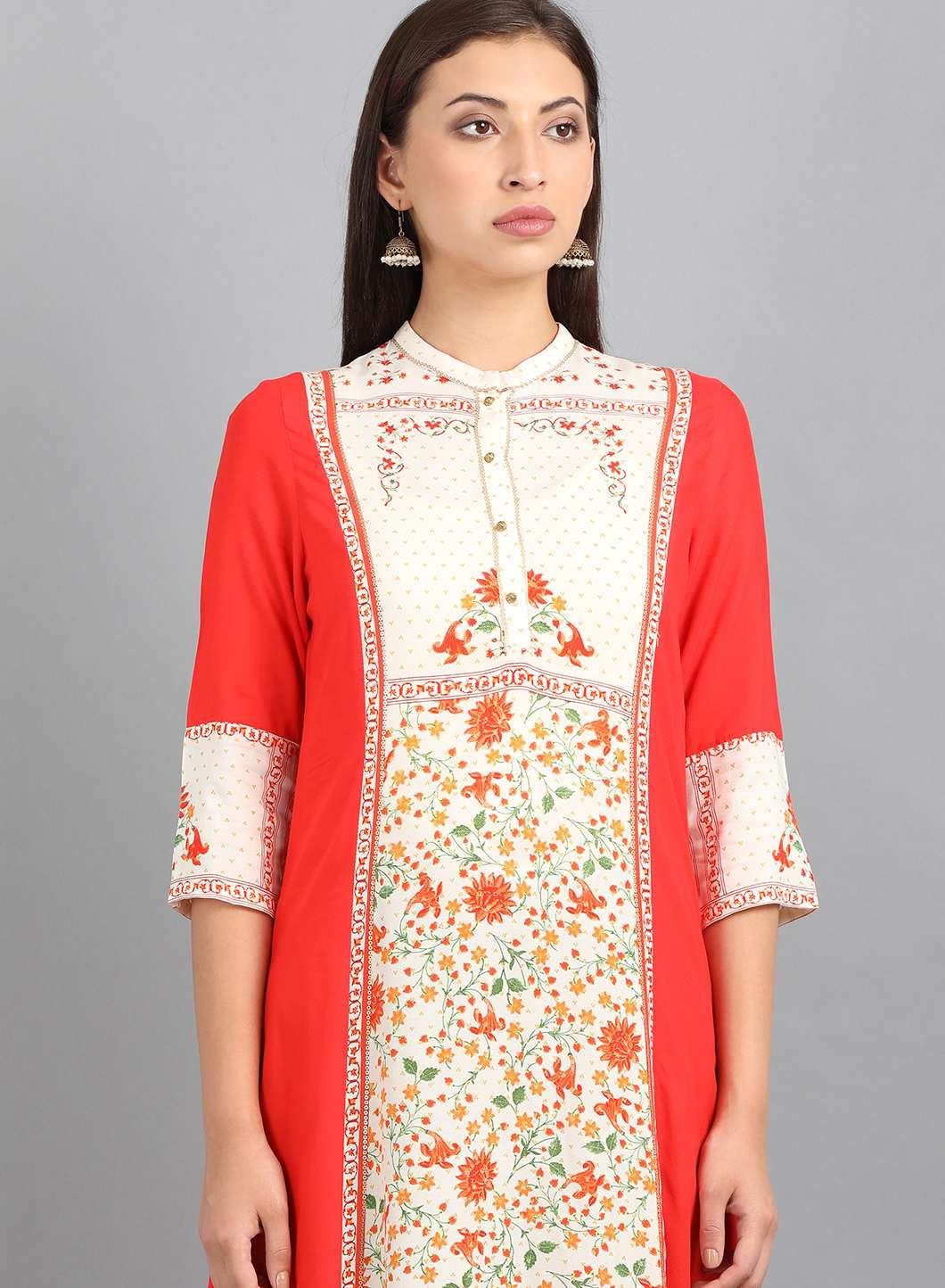 Red Mandarin Neck Floral Print kurta - wforwoman