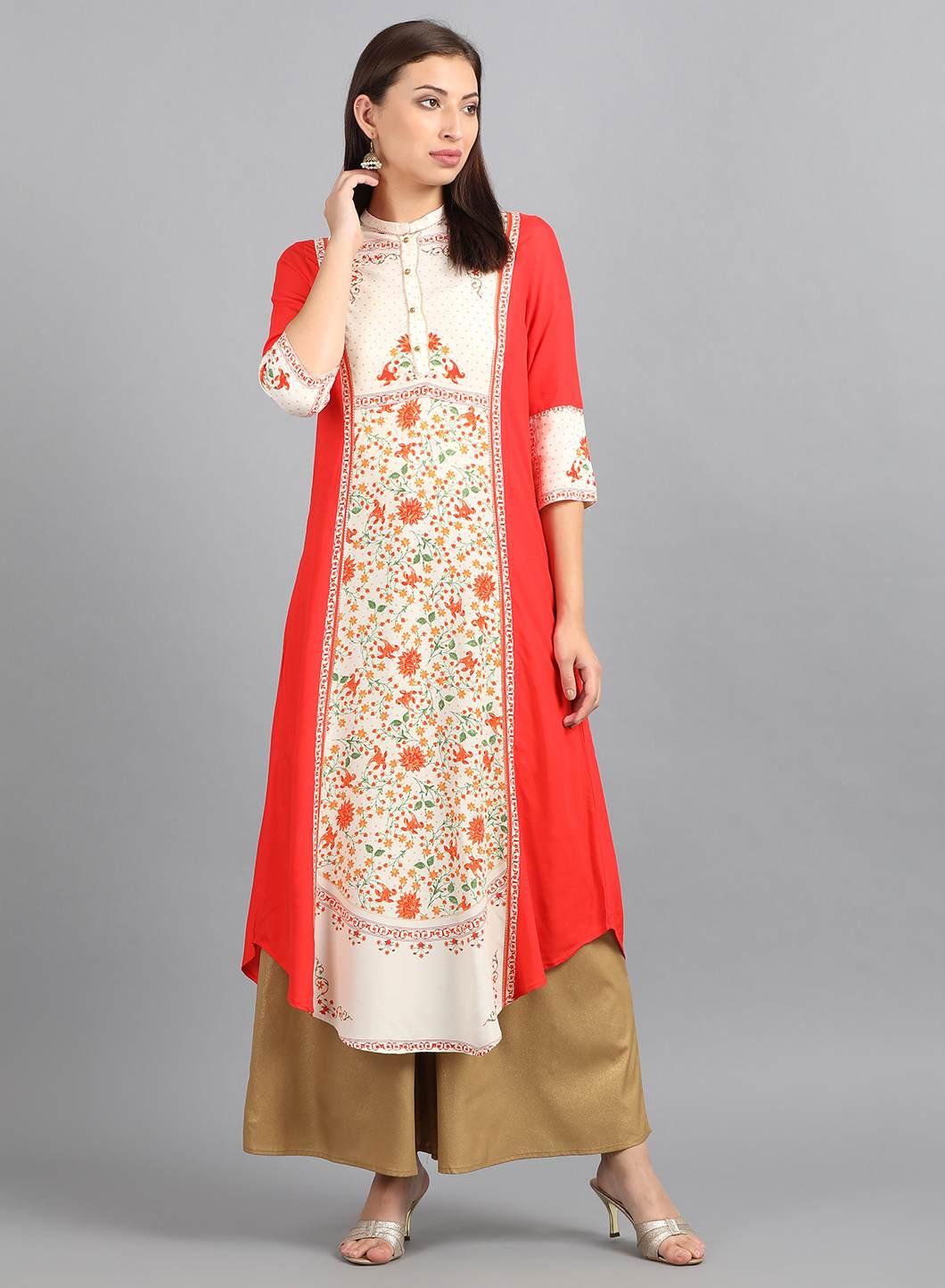 Red Mandarin Neck Floral Print kurta - wforwoman