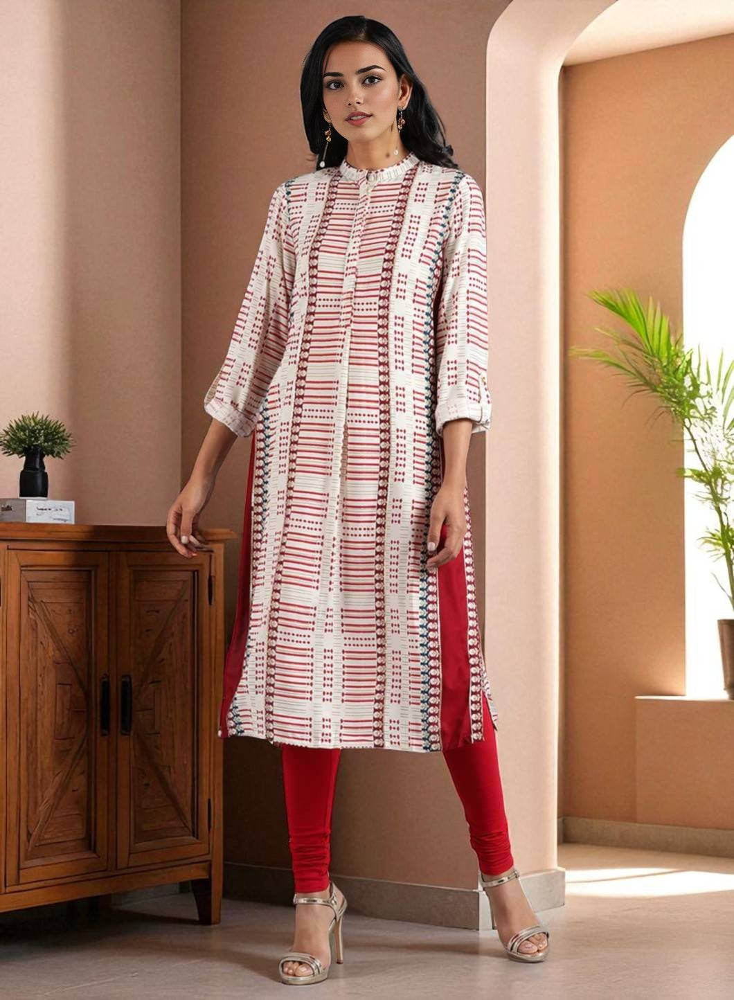 White & Red Mandarin Neck Printed kurta
