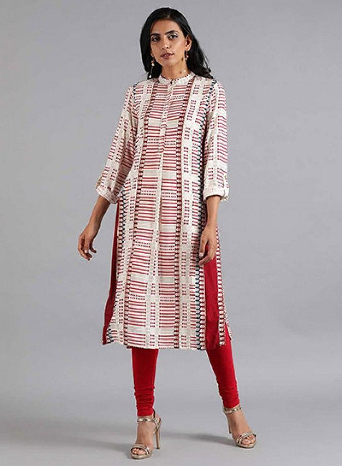 White & Red Mandarin Neck Printed kurta - wforwoman