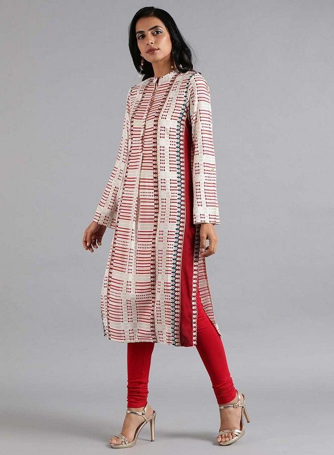 White & Red Mandarin Neck Printed kurta - wforwoman