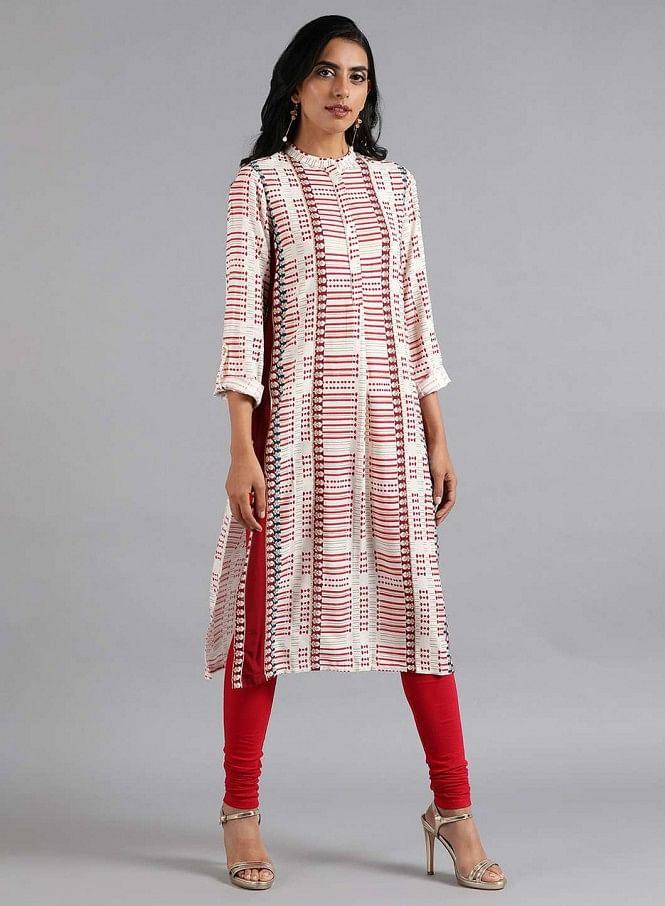 White & Red Mandarin Neck Printed kurta - wforwoman