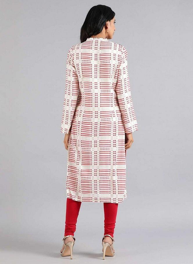 White & Red Mandarin Neck Printed kurta - wforwoman