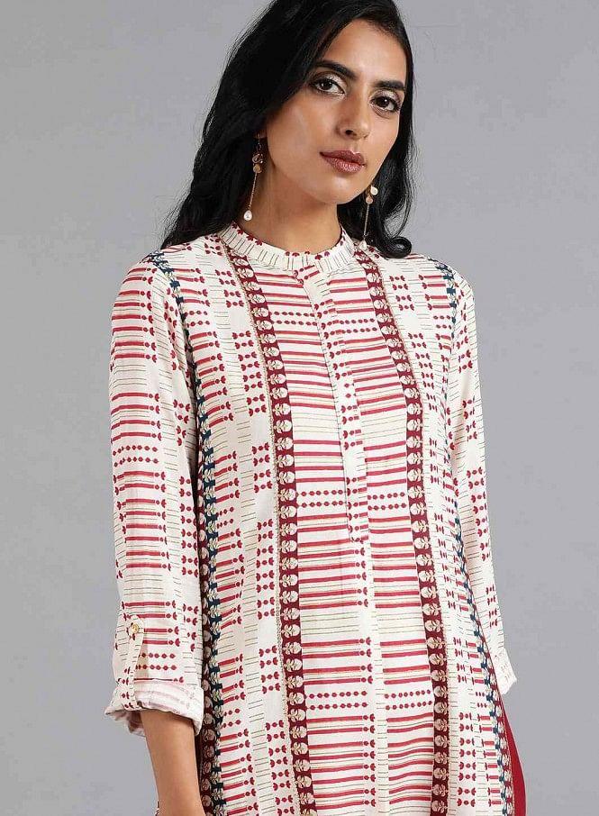 White & Red Mandarin Neck Printed kurta - wforwoman