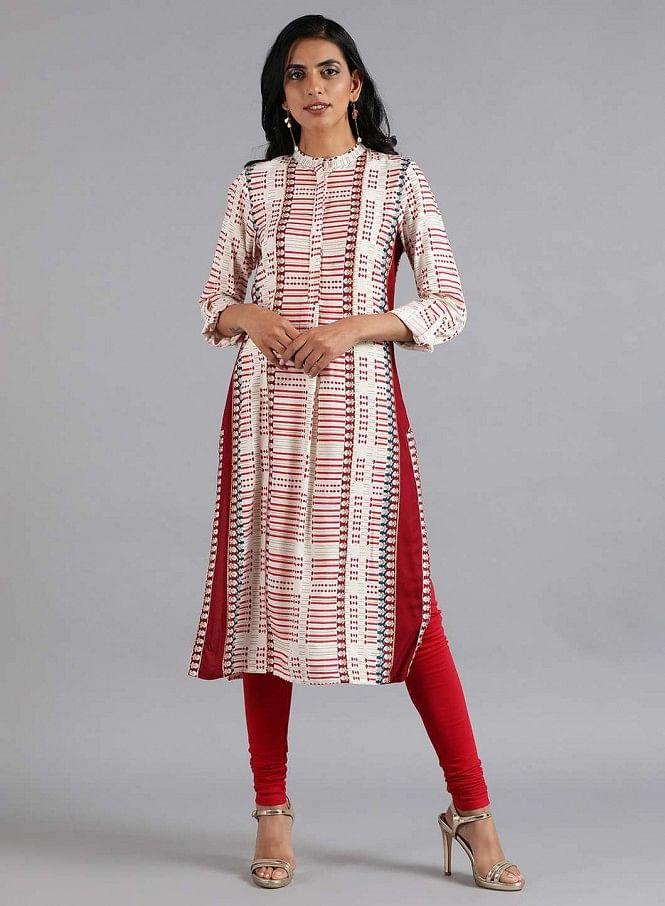 White & Red Mandarin Neck Printed kurta - wforwoman