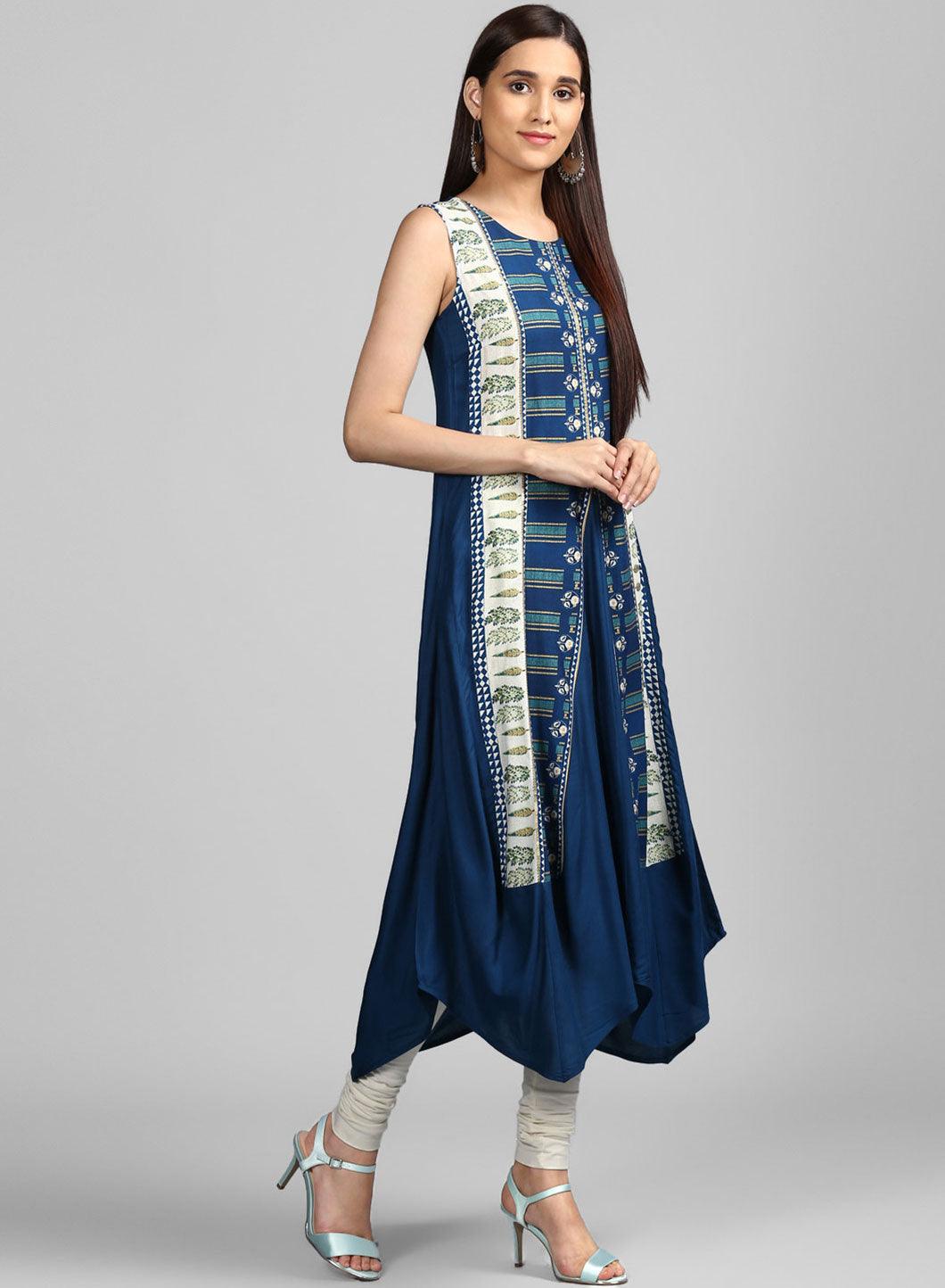 Blue Round Neck Draped Dress - wforwoman