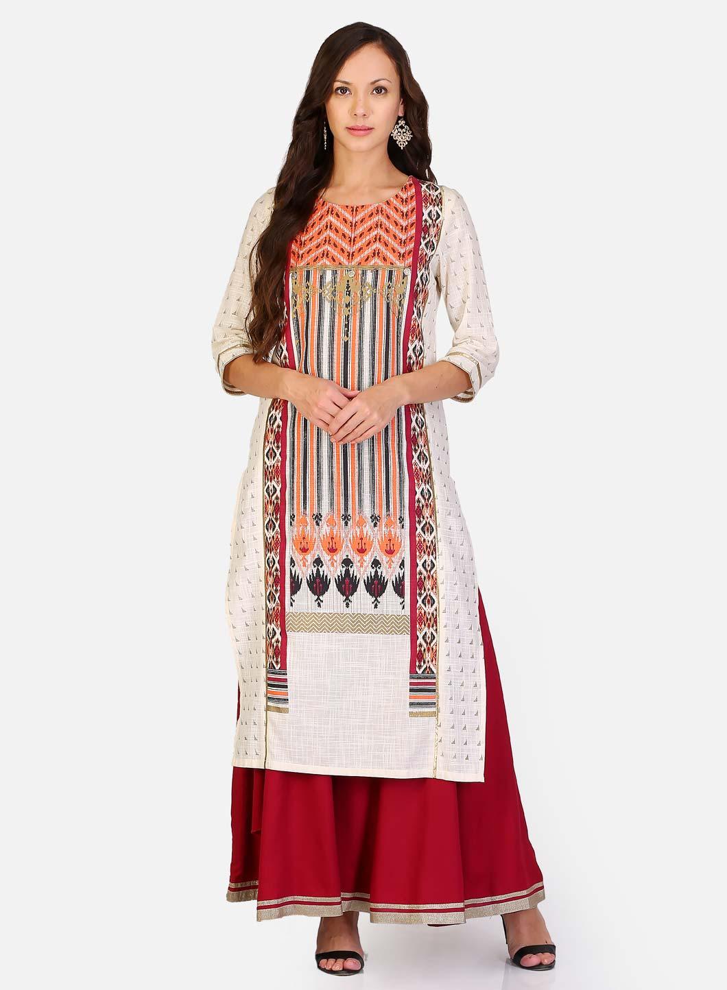 White & Maroon Round Neck Printed kurta - wforwoman
