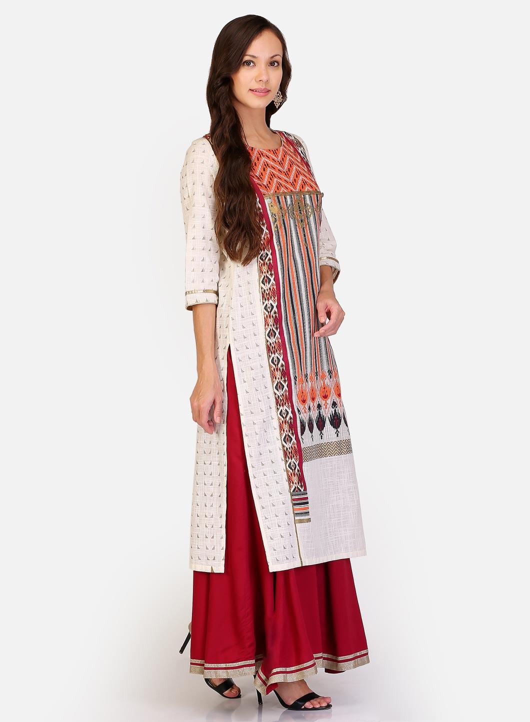 White & Maroon Round Neck Printed kurta - wforwoman