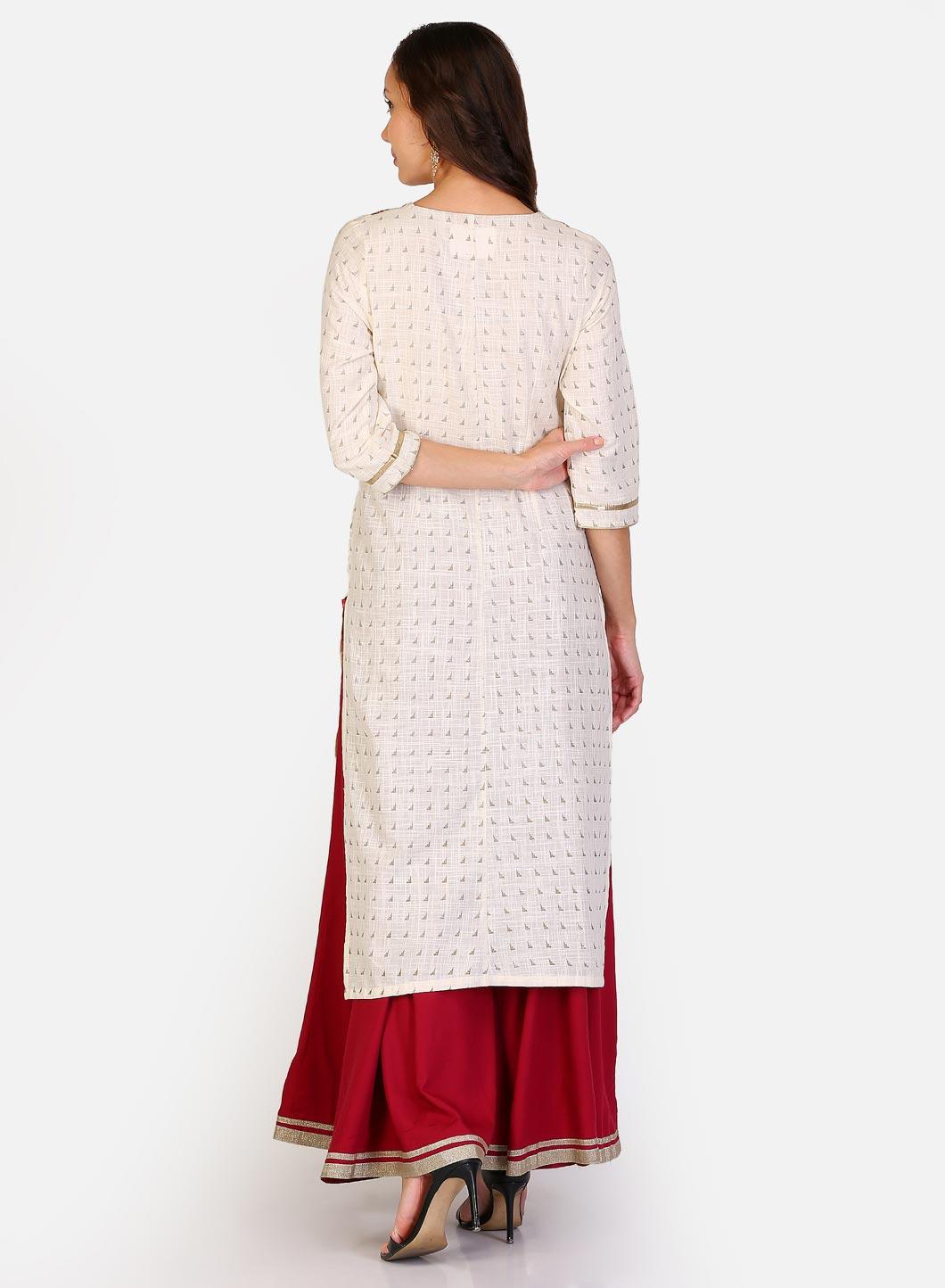 White & Maroon Round Neck Printed kurta - wforwoman