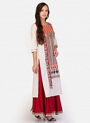 White & Maroon Round Neck Printed kurta - wforwoman