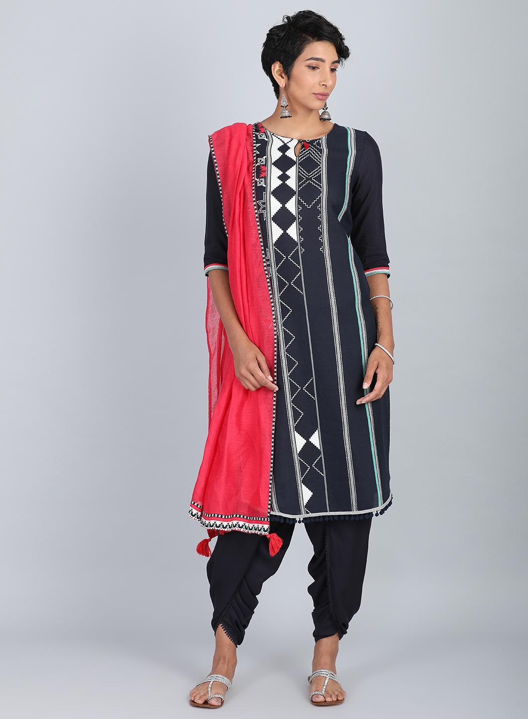 Blue Round Neck Printed kurta - wforwoman