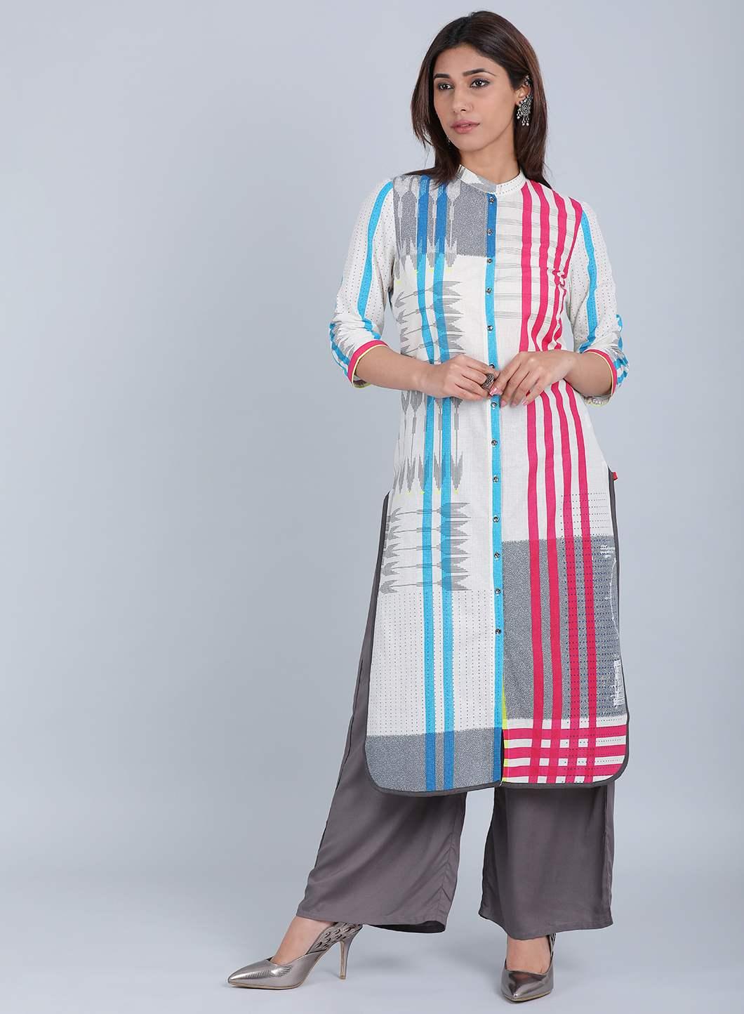 White & Blue Striped Mandarin Neck kurta - wforwoman