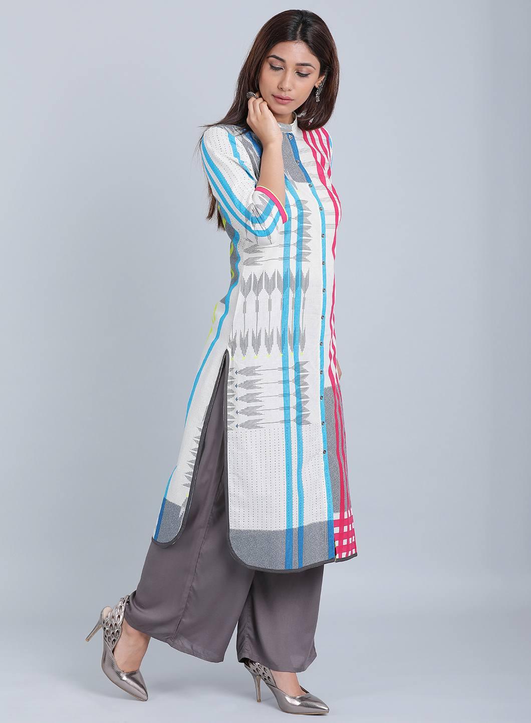 White & Blue Striped Mandarin Neck kurta - wforwoman