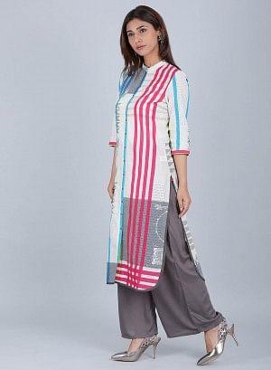 White & Blue Striped Mandarin Neck kurta - wforwoman