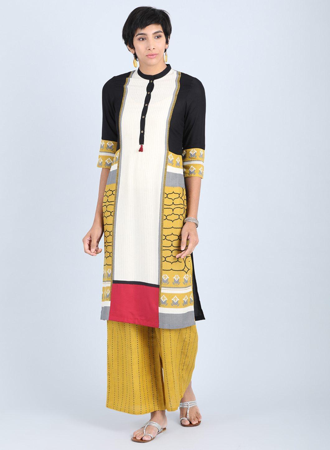 Off White & Yellow Mandarin Neck Straight kurta - wforwoman