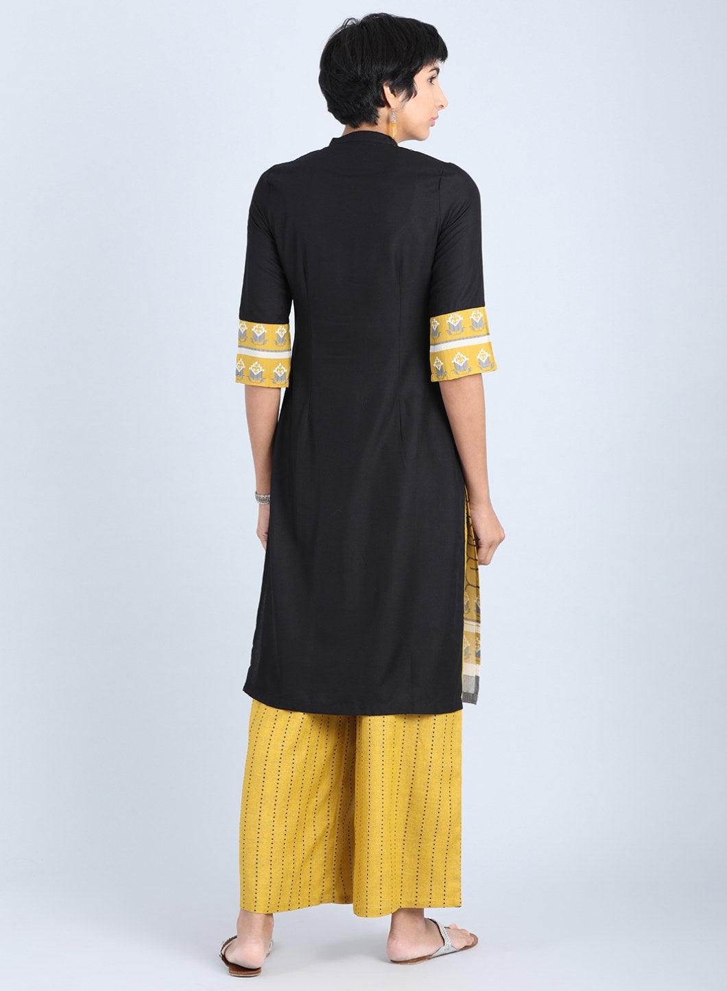Off White & Yellow Mandarin Neck Straight kurta - wforwoman