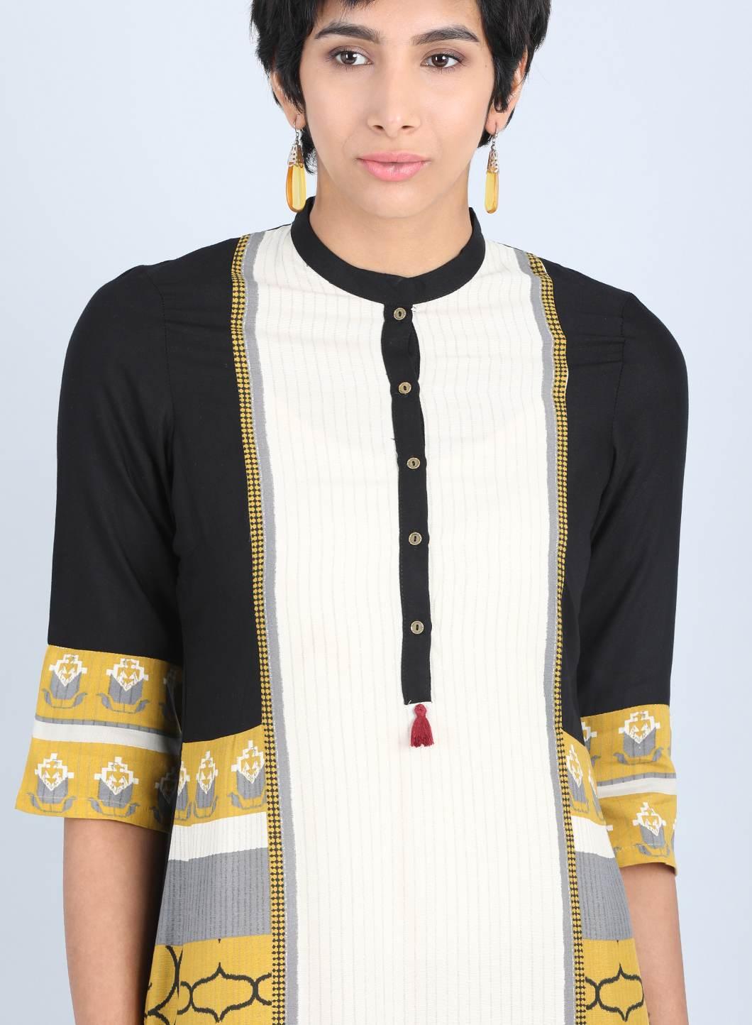 Off White & Yellow Mandarin Neck Straight kurta - wforwoman