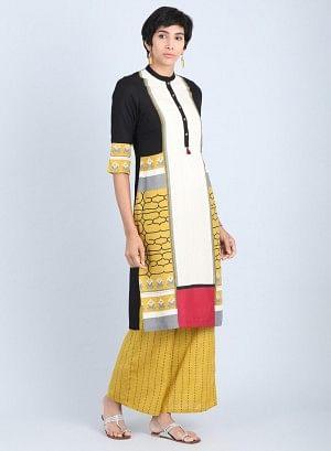 Off White & Yellow Mandarin Neck Straight kurta - wforwoman