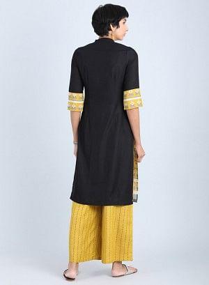 Off White & Yellow Mandarin Neck Straight kurta - wforwoman