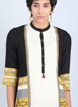 Off White & Yellow Mandarin Neck Straight kurta - wforwoman