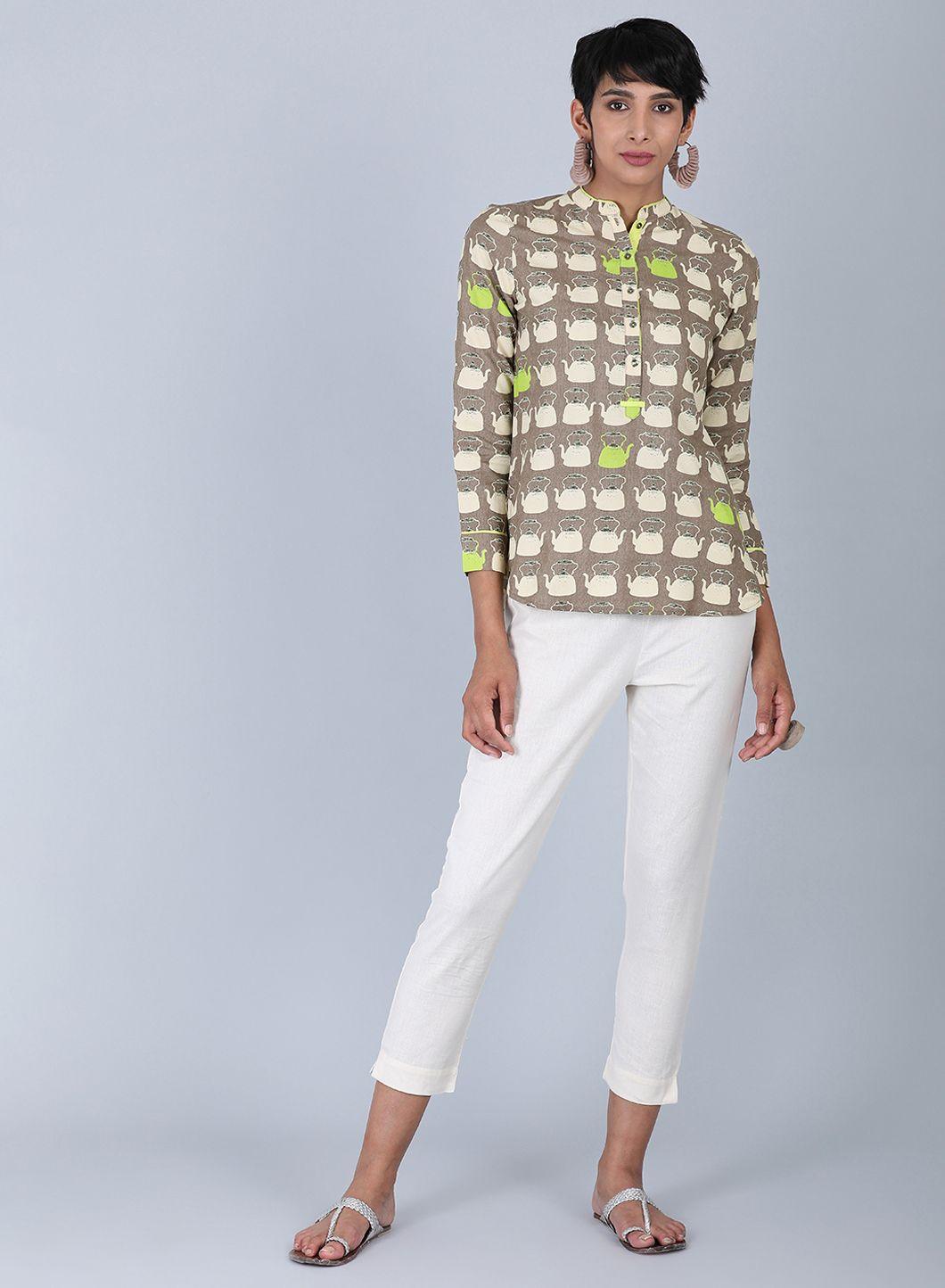 Brown Mandarin Neck Printed Top - wforwoman