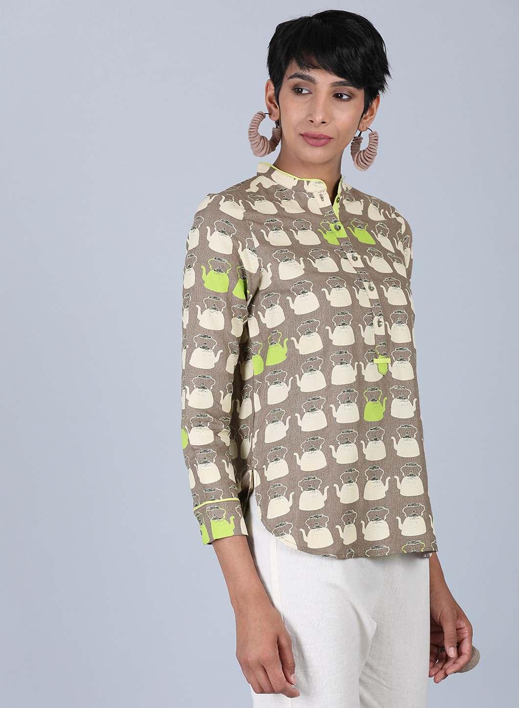 Brown Mandarin Neck Printed Top - wforwoman