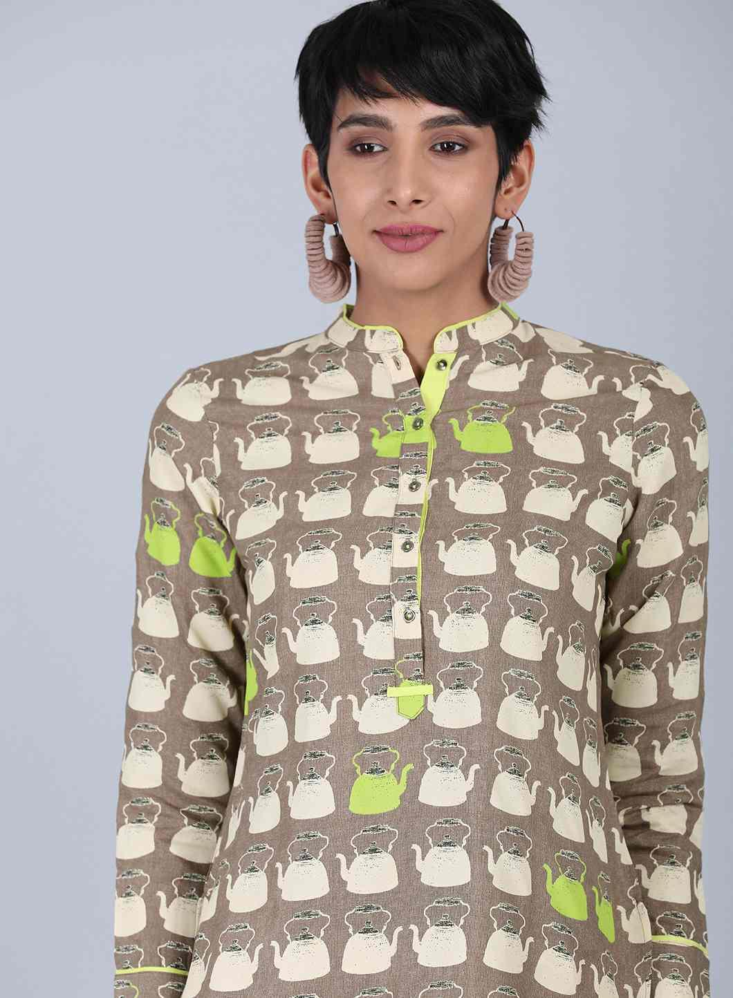 Brown Mandarin Neck Printed Top - wforwoman