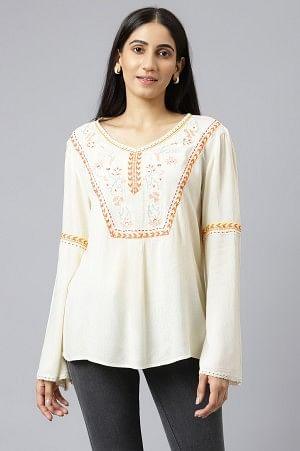 White Thread Embroidered Western Top - wforwoman