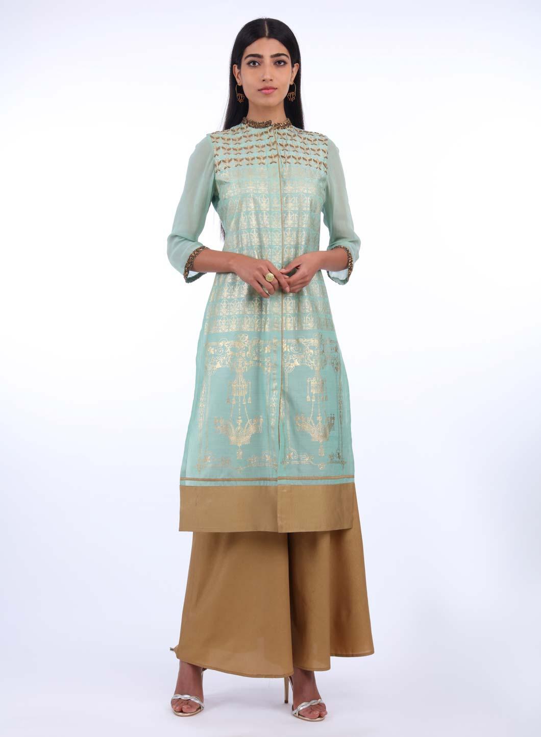 Mint Green Mandarin Neck Printed kurta - wforwoman