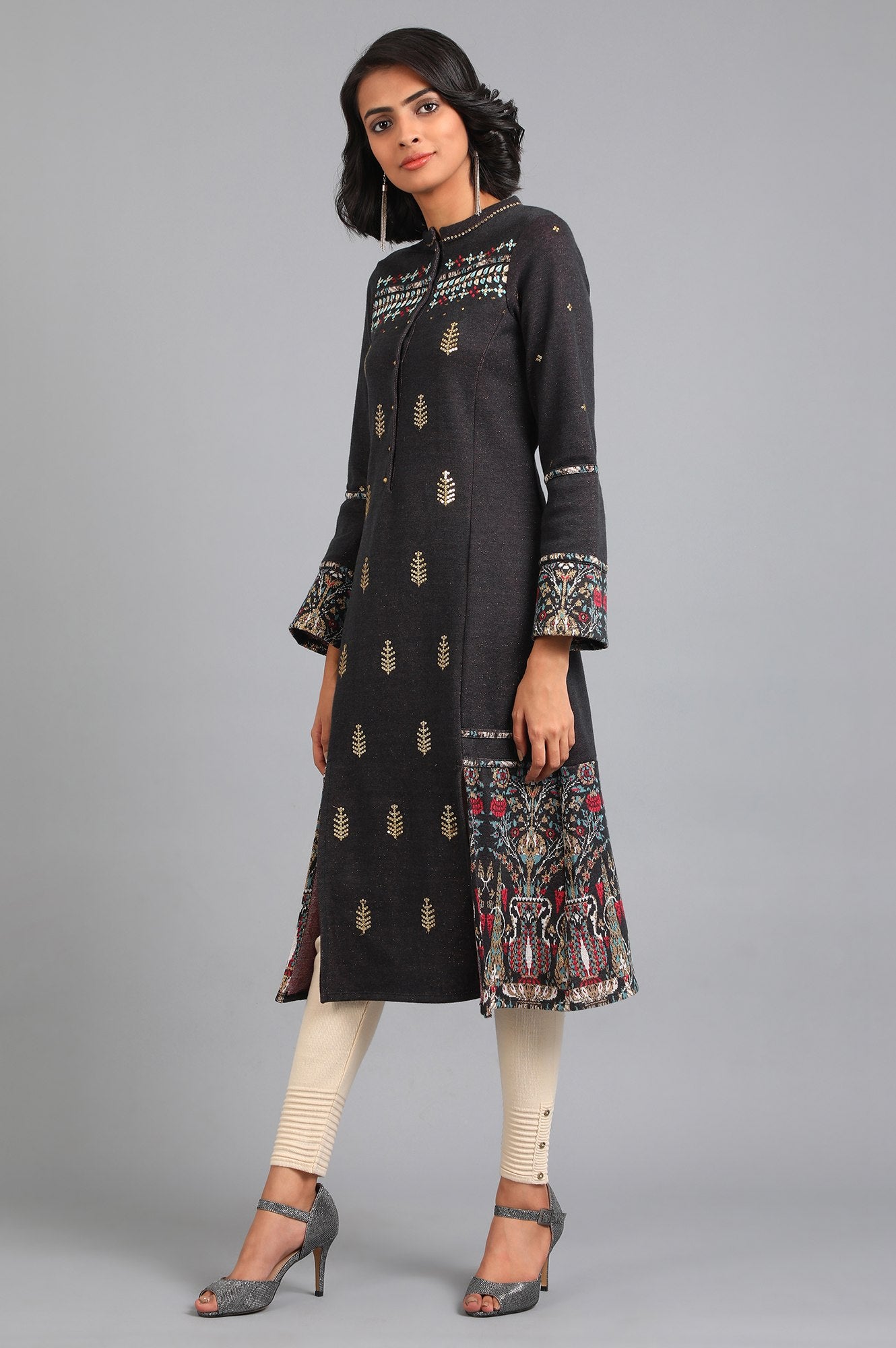 Grey Mandarin Neck Yarn-dyed Winter kurta