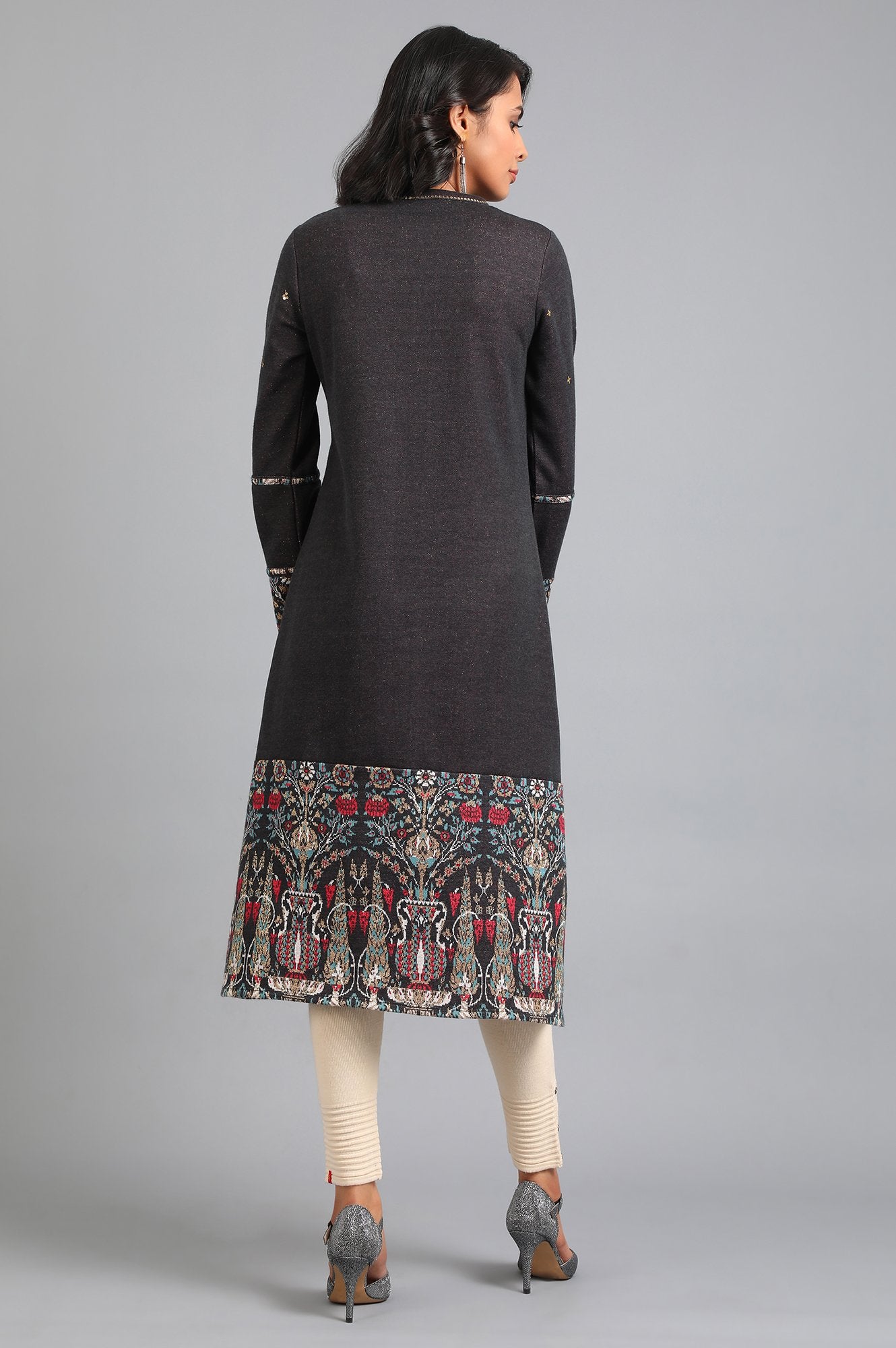 Grey Mandarin Neck Yarn-dyed Winter kurta