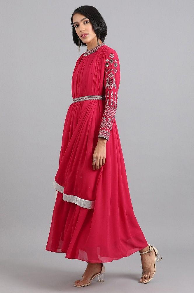Red Mandarin Neck Gathered Dress - wforwoman