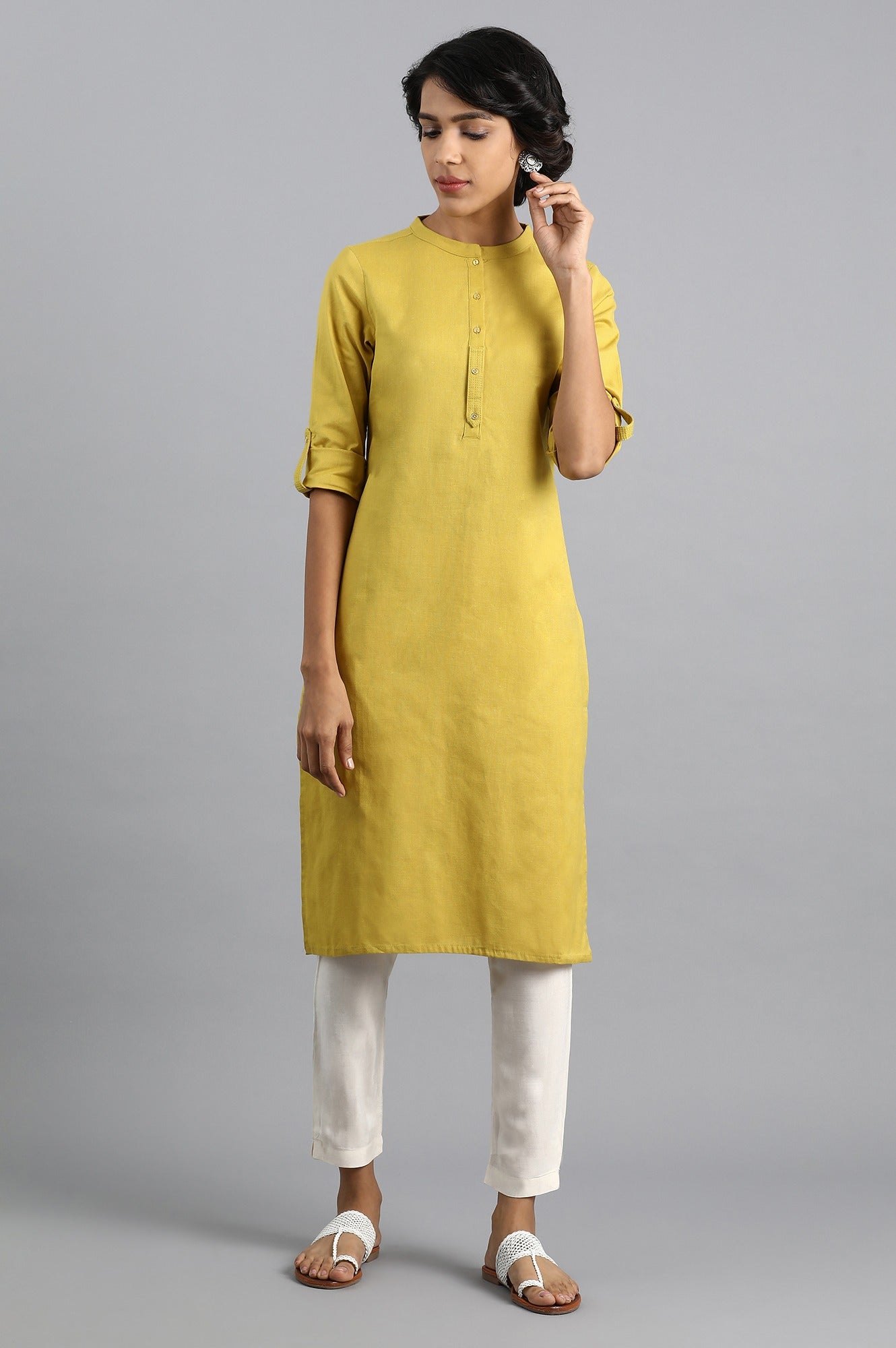 Yellow Mandarin Neck Solid kurta