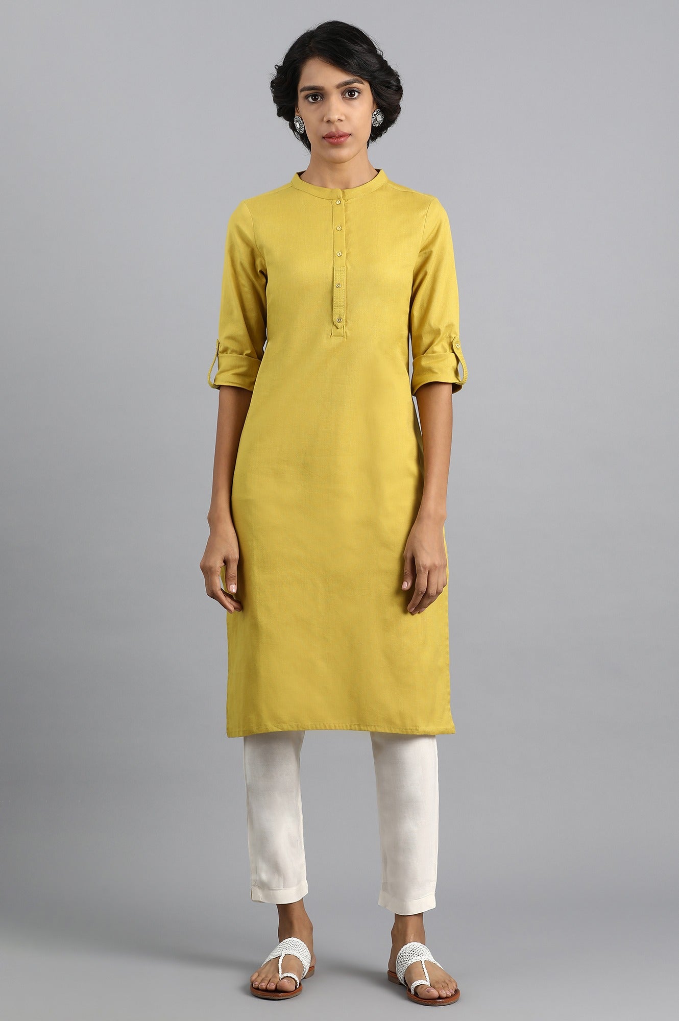 Yellow Mandarin Neck Solid kurta