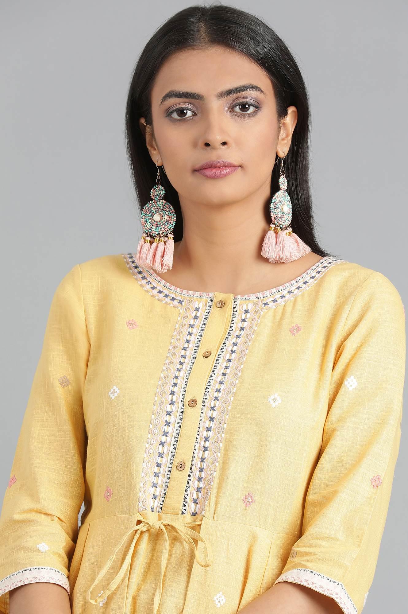 Yellow Round Neck Fusion Dress - wforwoman