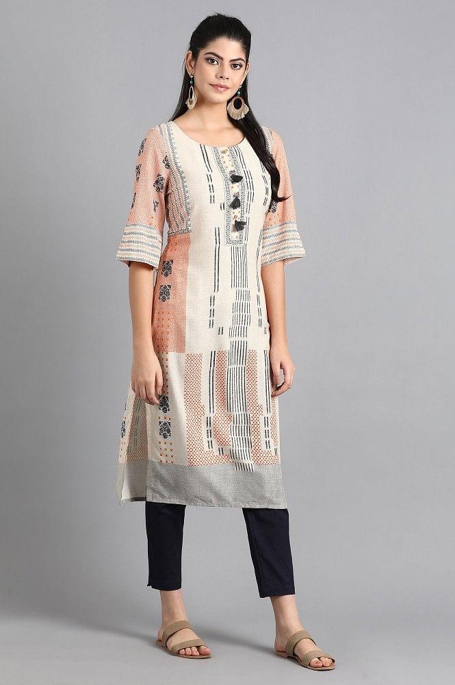 Beige Round Neck Printed kurta - wforwoman