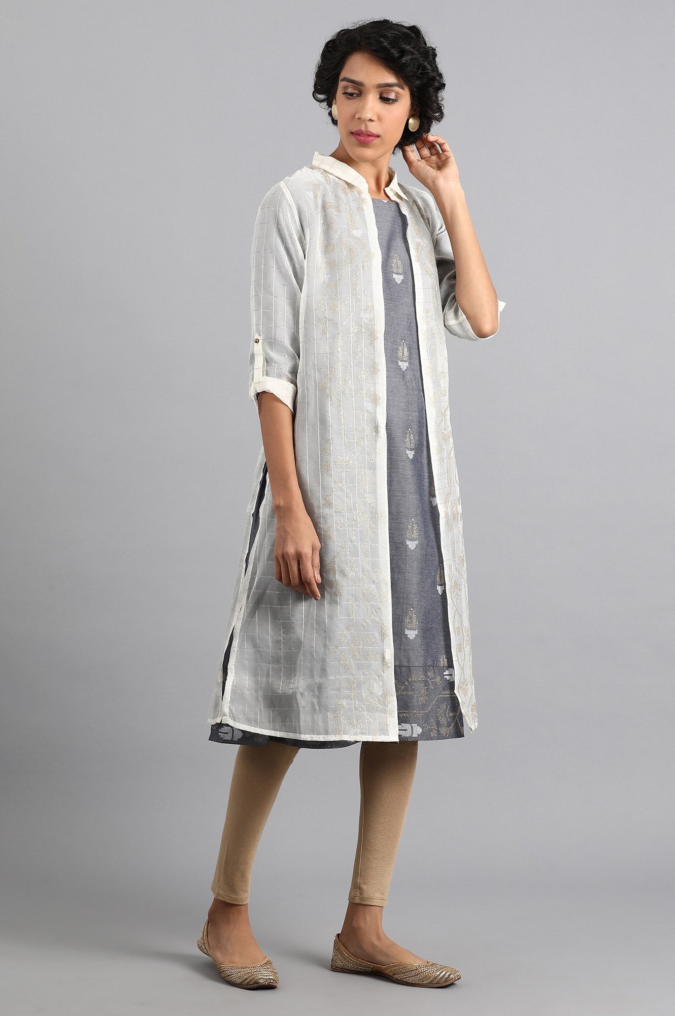 Blue Shirt Collar Embroidered kurta with Jacket