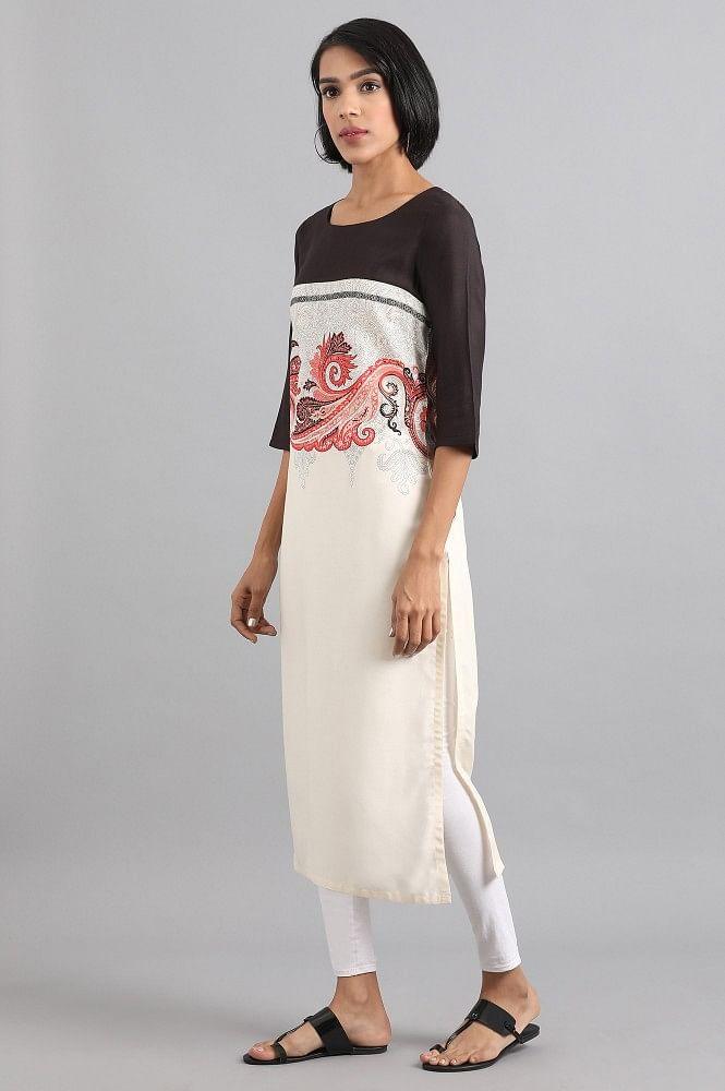 White Round Neck Printed kurta - wforwoman