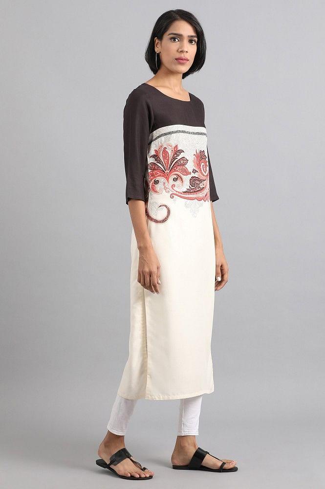 White Round Neck Printed kurta - wforwoman
