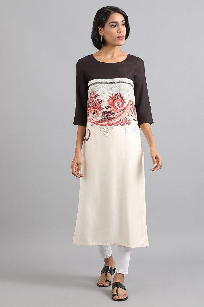 White Round Neck Printed kurta - wforwoman